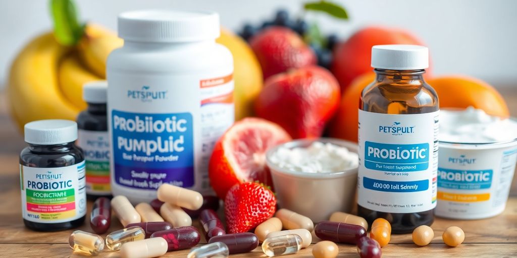 Probiotic supplements with fruits and yogurt on wooden surface.