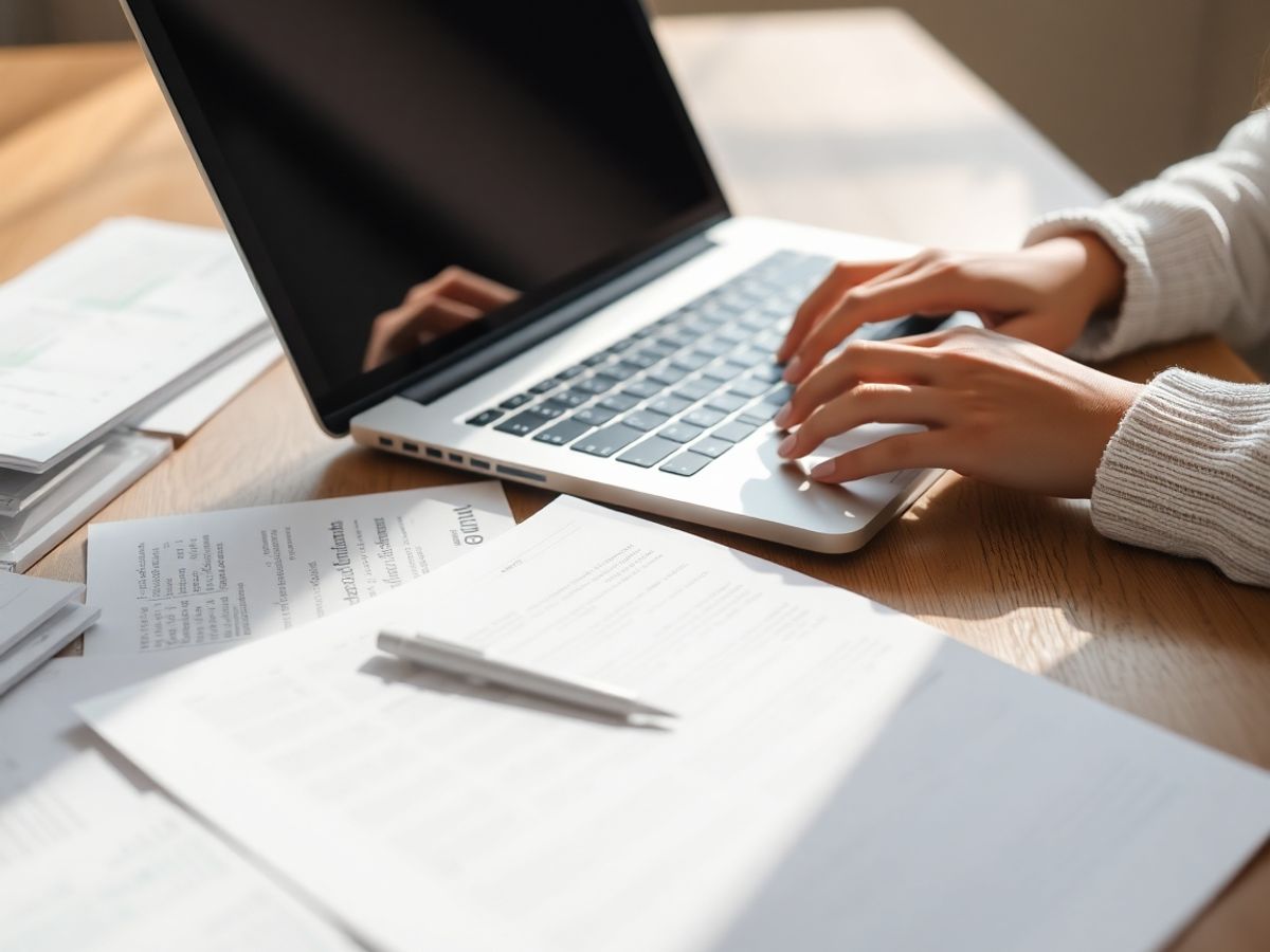 Mujer trabajando en un portátil con documentos.
