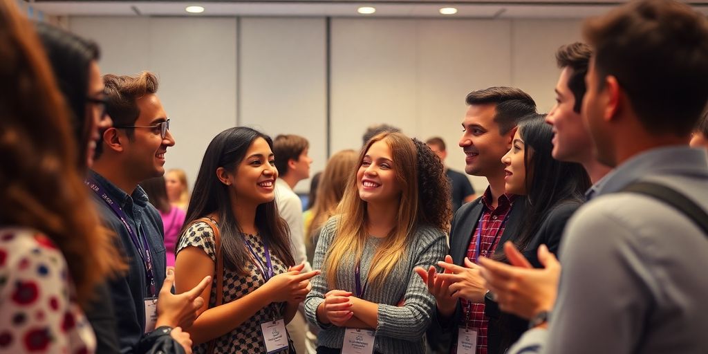 Estudantes conversando e fazendo networking em evento profissional.