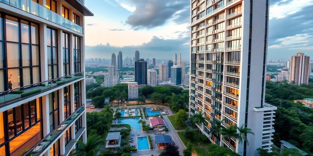 Luxury condo in Bangkok with modern architecture and city view.