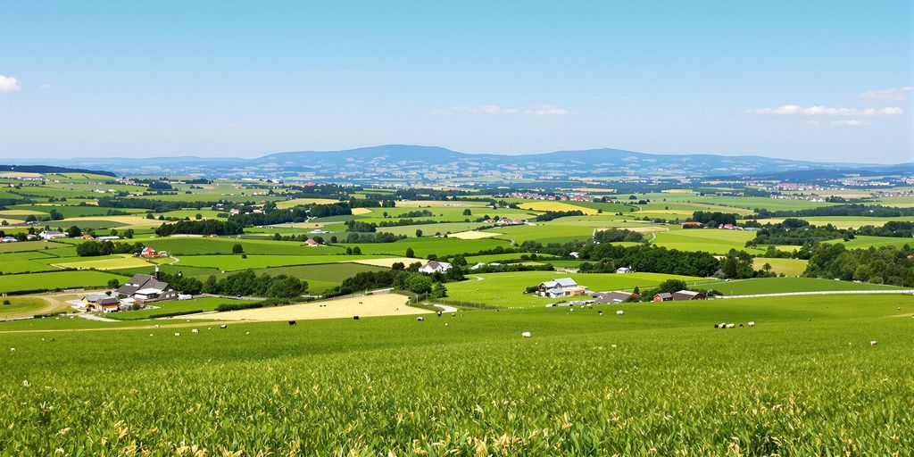Norsk landbruk med grønne felt og husdyr.