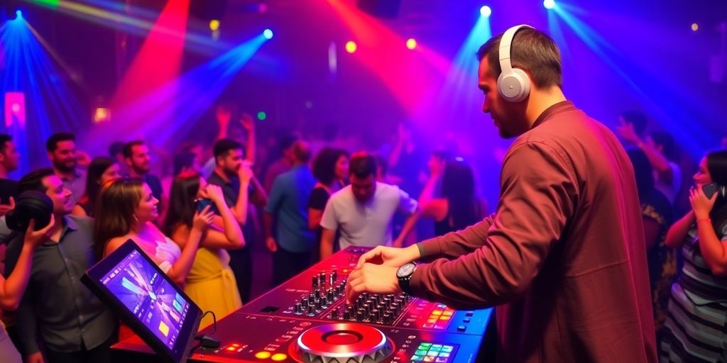 DJ mixing music at a lively party with vibrant lights.