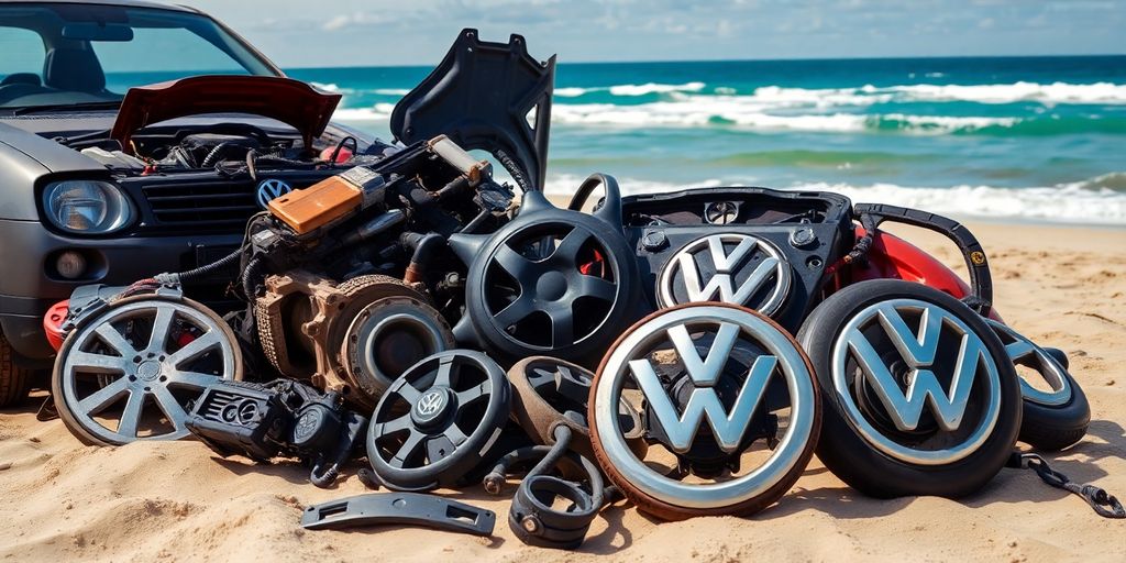 VW car parts laid out on a gleaming Gold Coast beach.