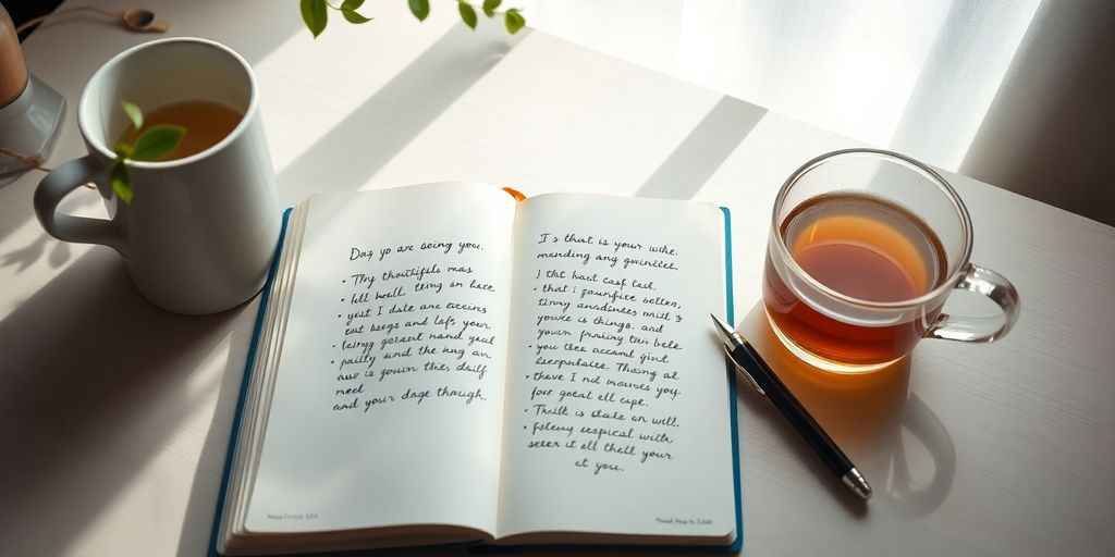 A journal and pen on a peaceful workspace.