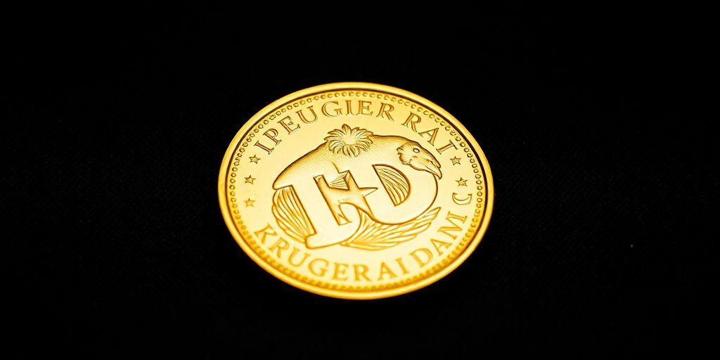 Une pièce Krugerrand dorée posée sur un fond sombre.