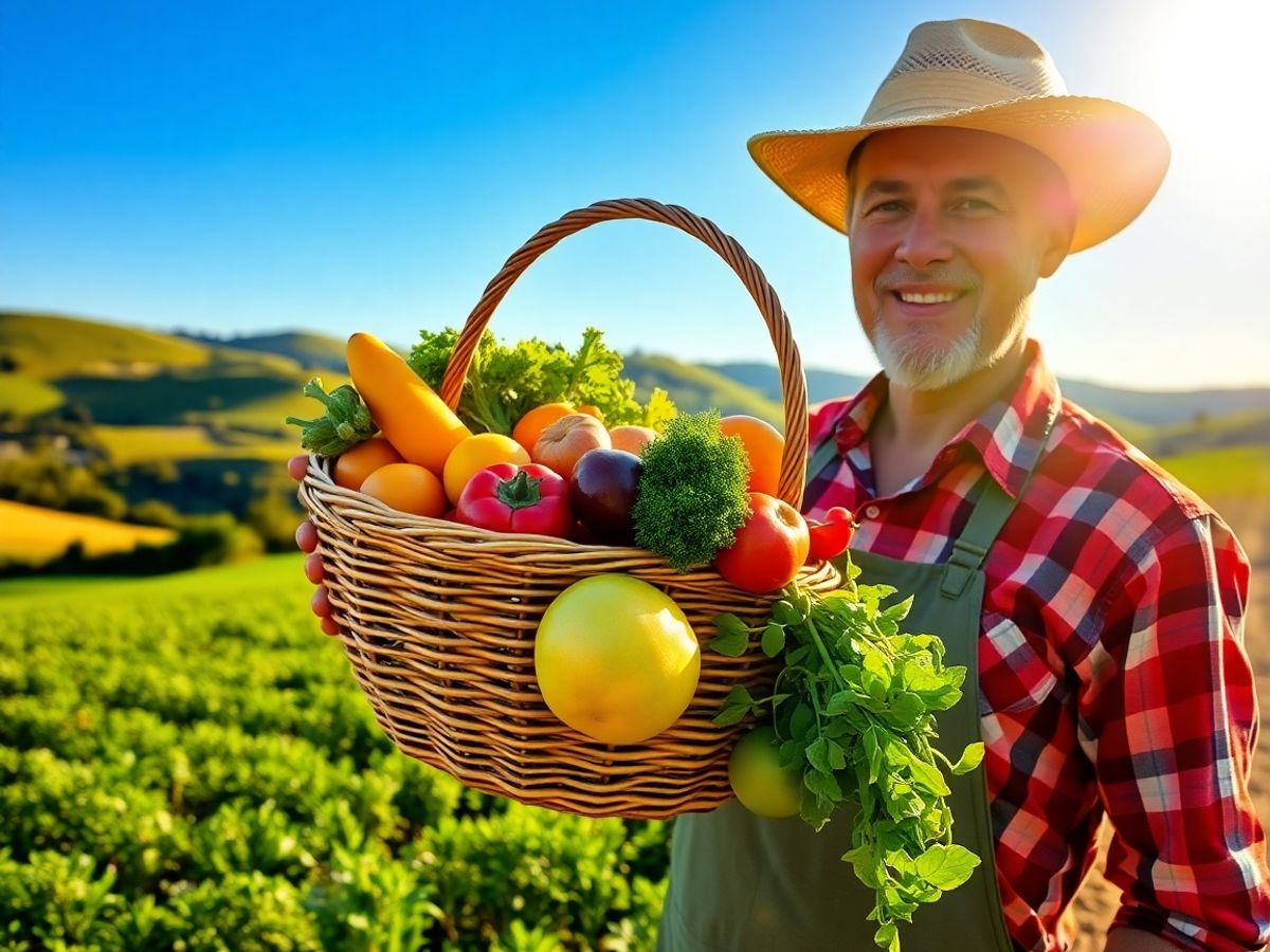 Fermier fericit cu produse agricole proaspete.