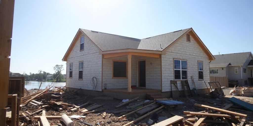 Maison en cours de reconstruction après une inondation.
