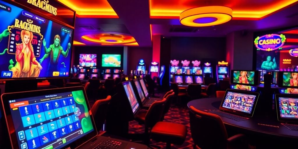 Moderne online casino met kleurrijke schermen en chips.