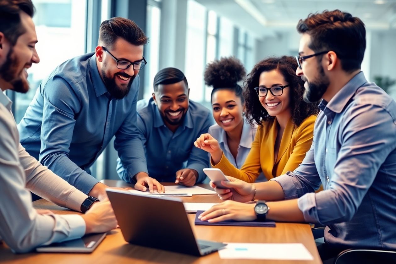 Réunion d'entreprise avec des professionnels divers à la table.