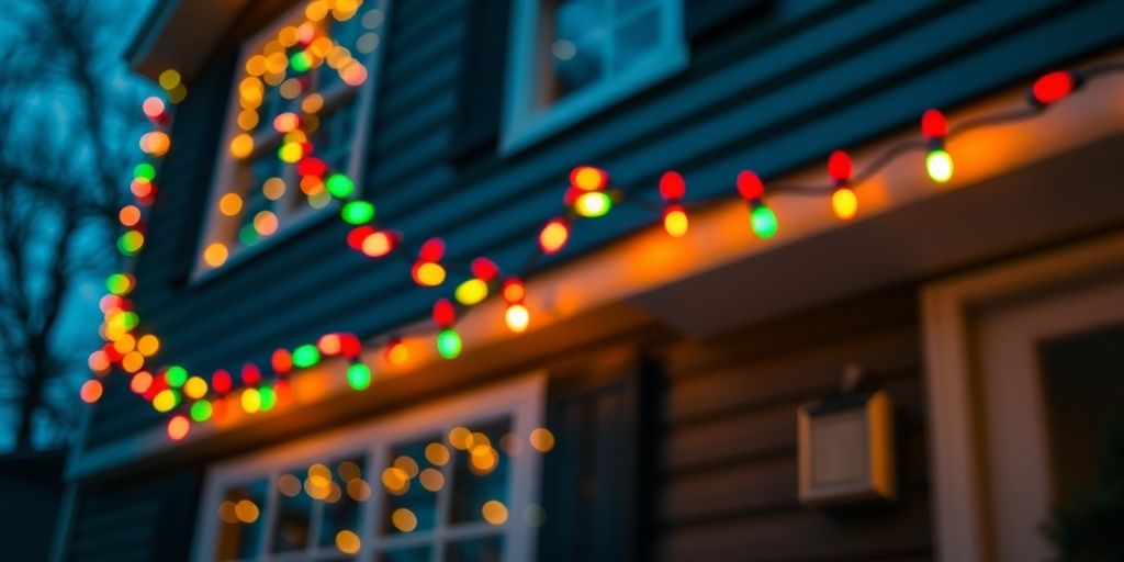 Decorated home, glowing Christmas lights