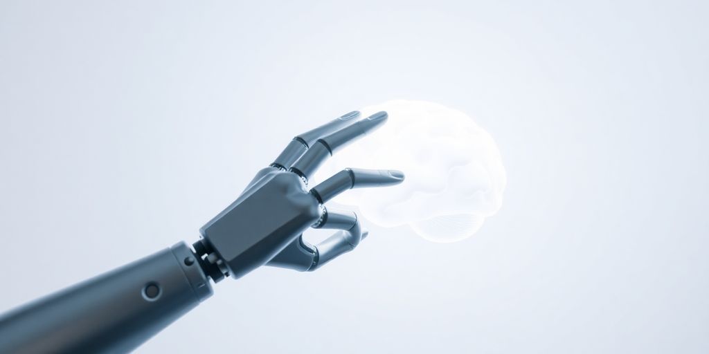 Robotic hand interacting with a floating brain.