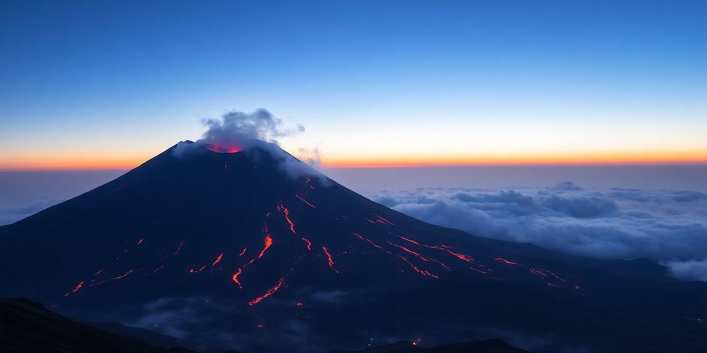 Volcan Etna en éruption, coulées de lave rouges.