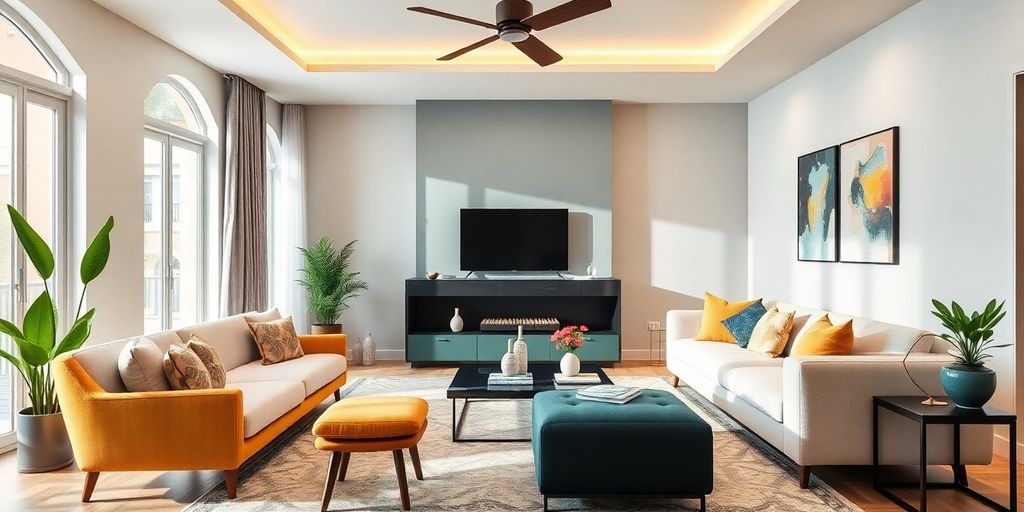 Modern living room with stylish furniture and vibrant decor.