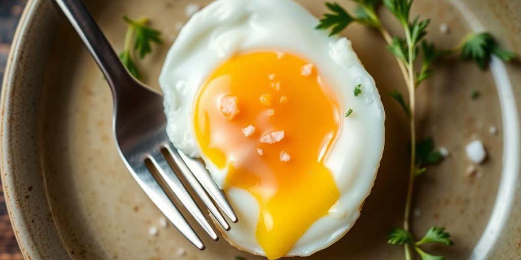 A cooked egg on a plate with herbs and fork.