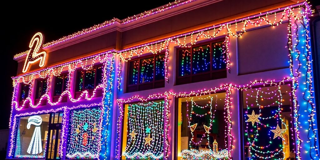 Commercial building glowing with festive Christmas lights.