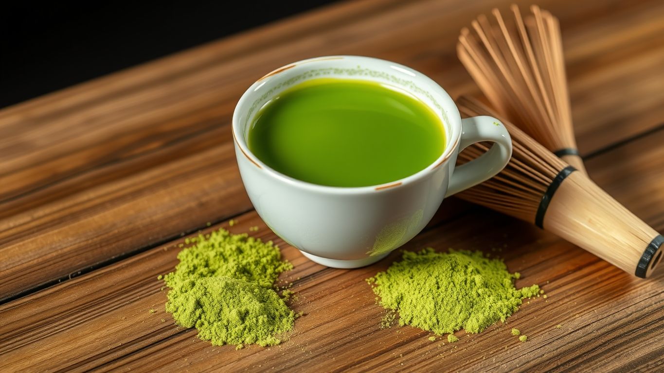 Cup of matcha tea with powder and whisk