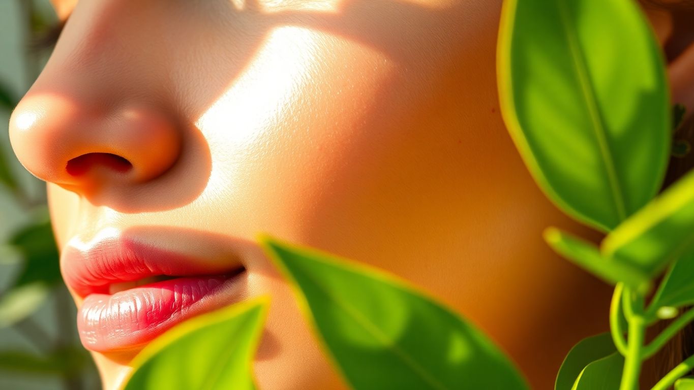 Close-up of healthy glowing skin with green leaves.