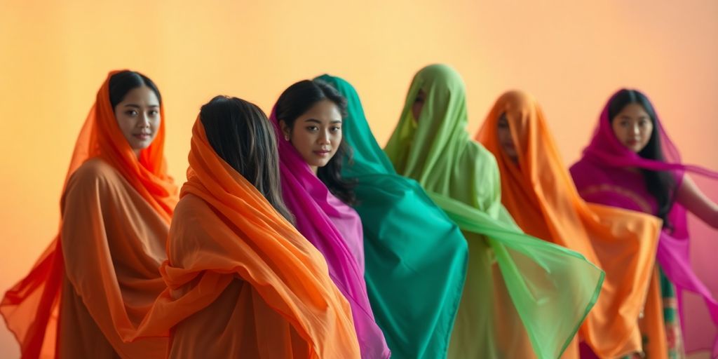 Diverse individuals, vibrant colors, flowing fabrics, soft lighting.