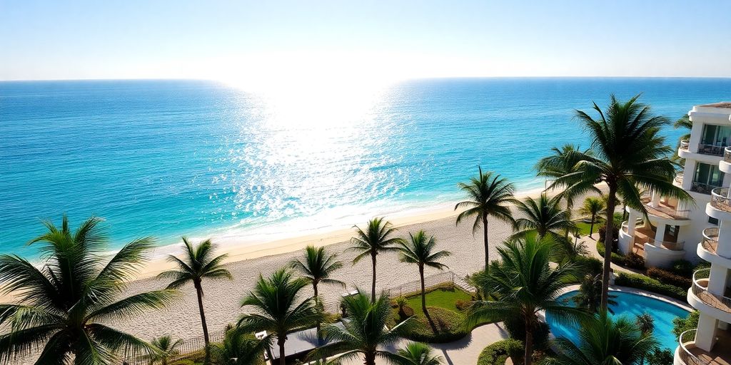 Oceanfront resort with palm trees and ocean view.