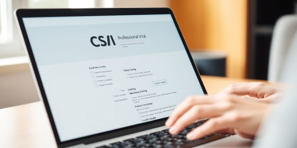 Laptop displaying a professional CV with a person working