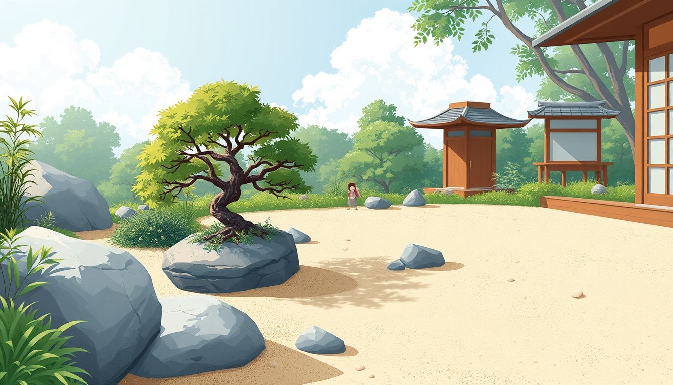 Serene Zen garden with raked sand and bonsai tree