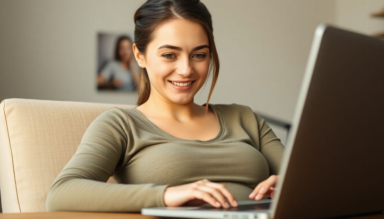 A pregnant woman using a laptop.