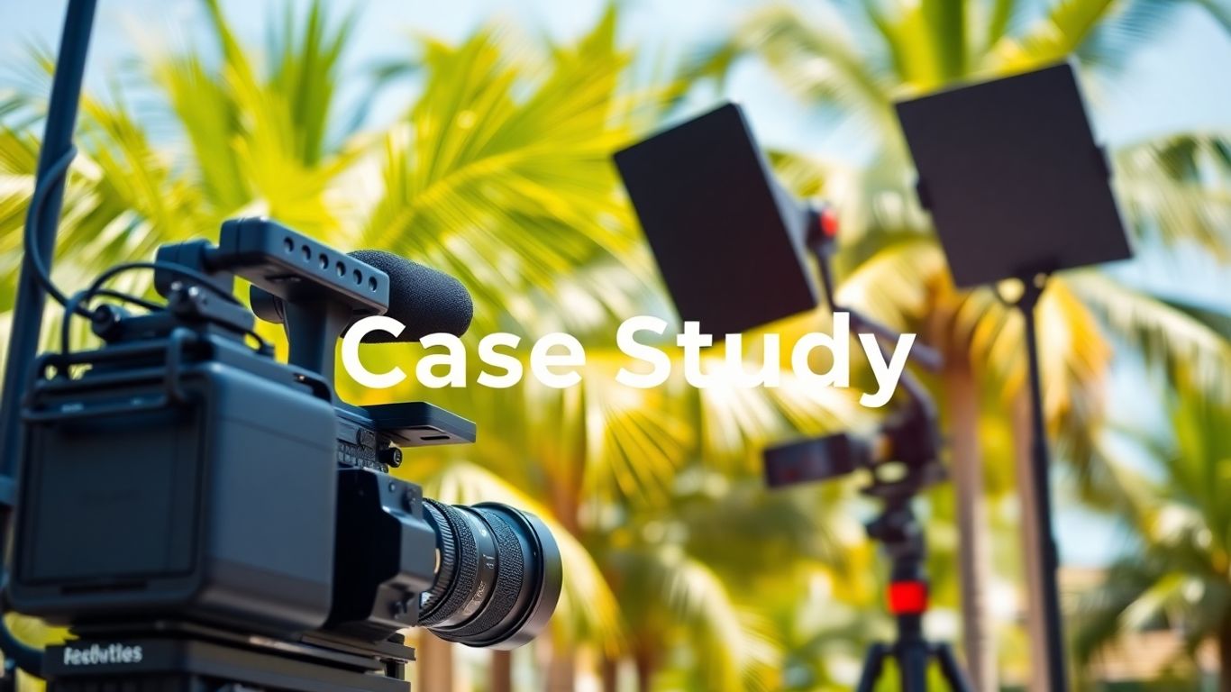 Video production equipment with palm trees.