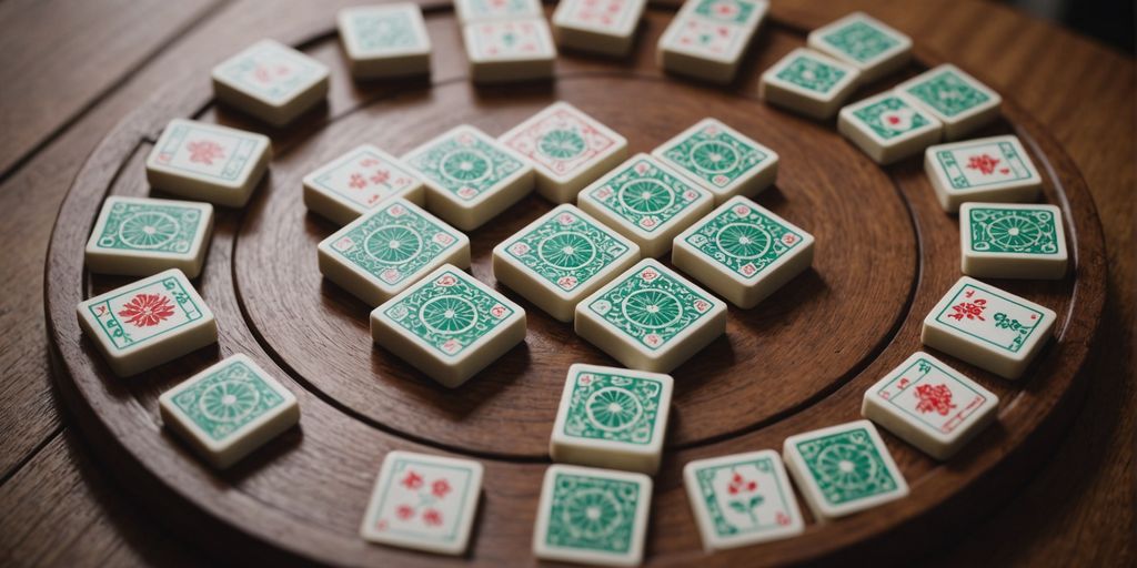 Mahjong tiles in a circle on a wooden table.