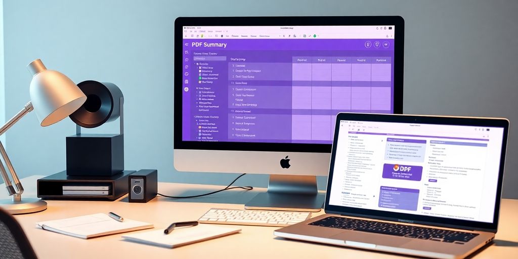 Modern workspace with computer and PDF summary on screen.