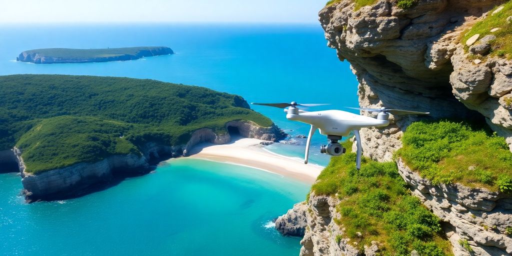 Vue côtière en Bretagne avec un drone en vol.