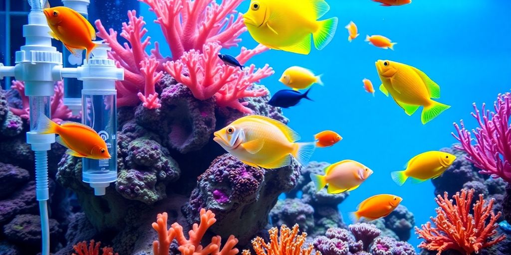 Acuario de agua salada colorido con peces y corales.