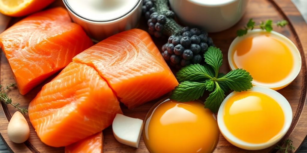 Vitamin D-rich foods like salmon and eggs on a board.