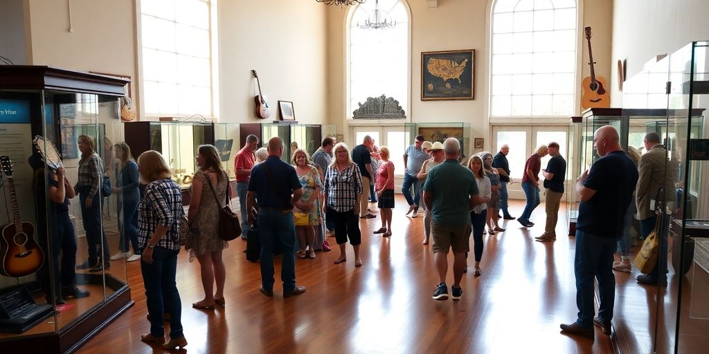 Visitors exploring musical instruments and artifacts.