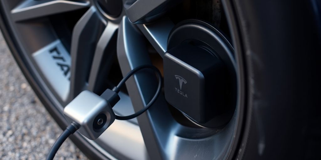 Tesla air compressor tire inflation detail.