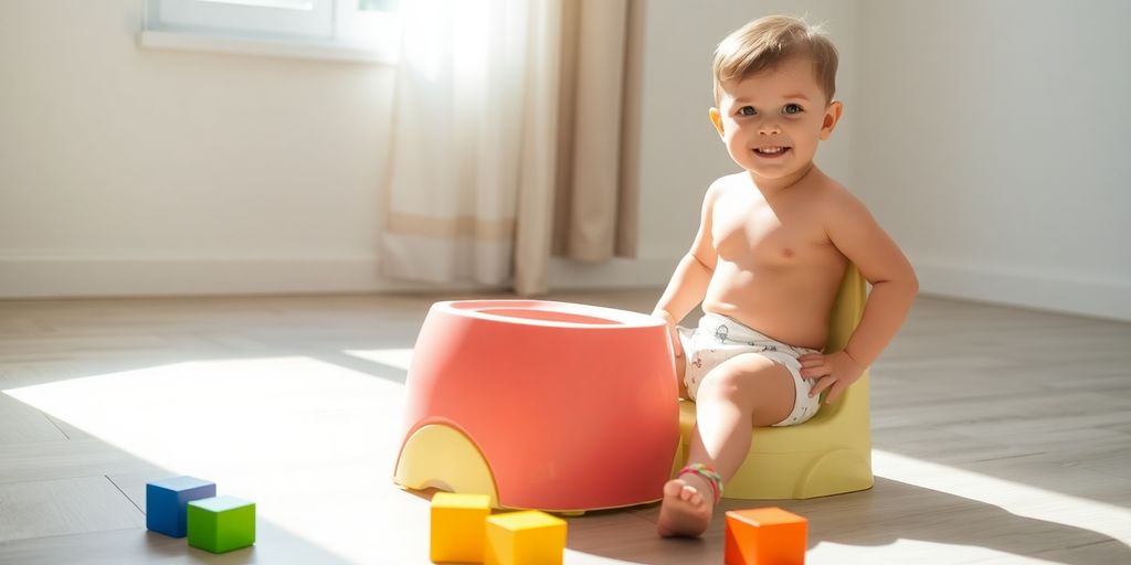 Bambino sorridente con mutandine, accanto al vasino.