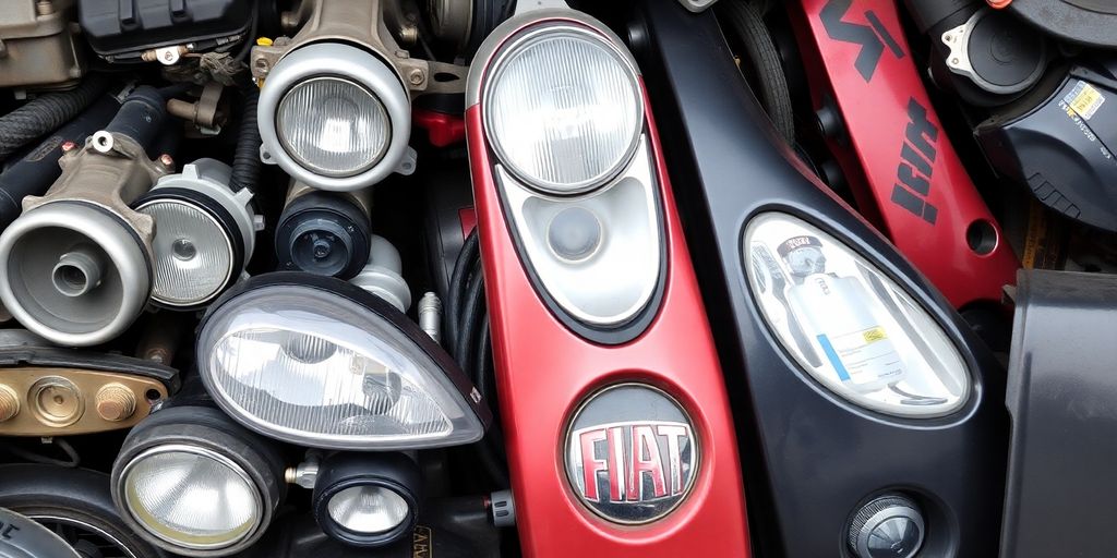 Genuine used Fiat car parts arranged for display.