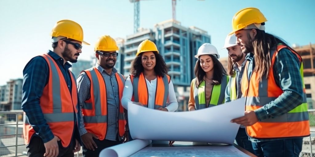 Contractors reviewing blueprints at a construction site.