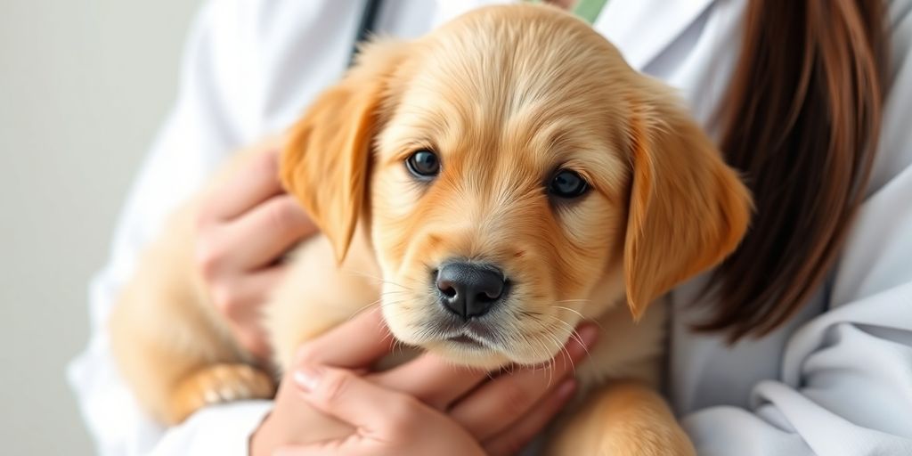 A veterinarian with an adorable golden retriever puppy.