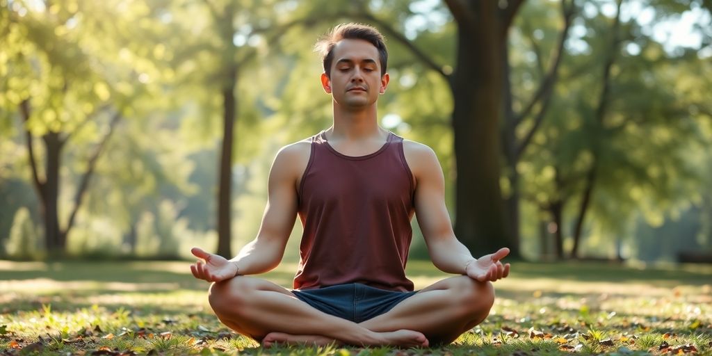 Person meditating peacefully in a natural setting.