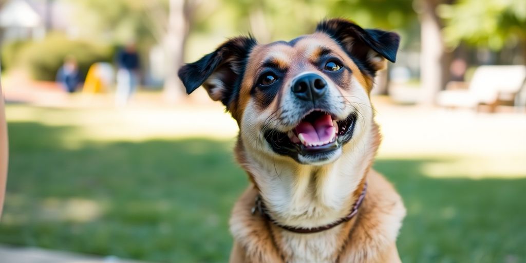 Happy dog performing a successful sit command.