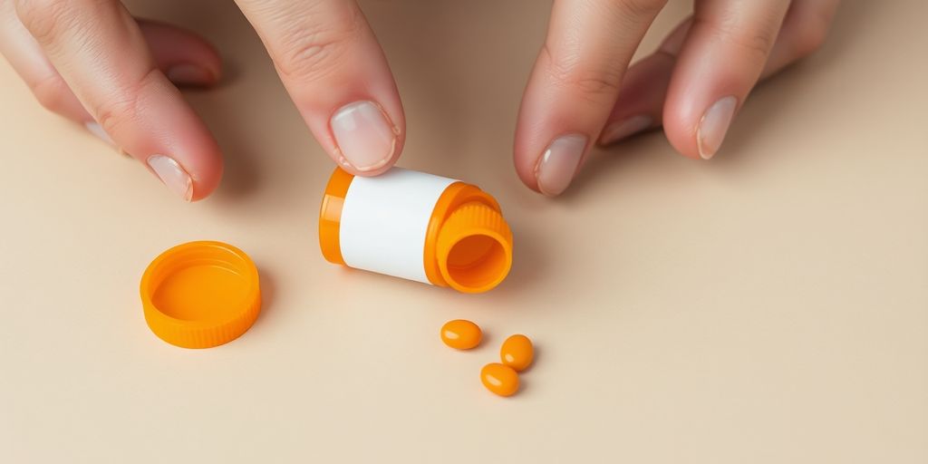 Prescription bottle, pills, and hands