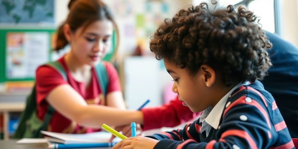 Schulbegleiter hilft Schüler im Klassenzimmer.