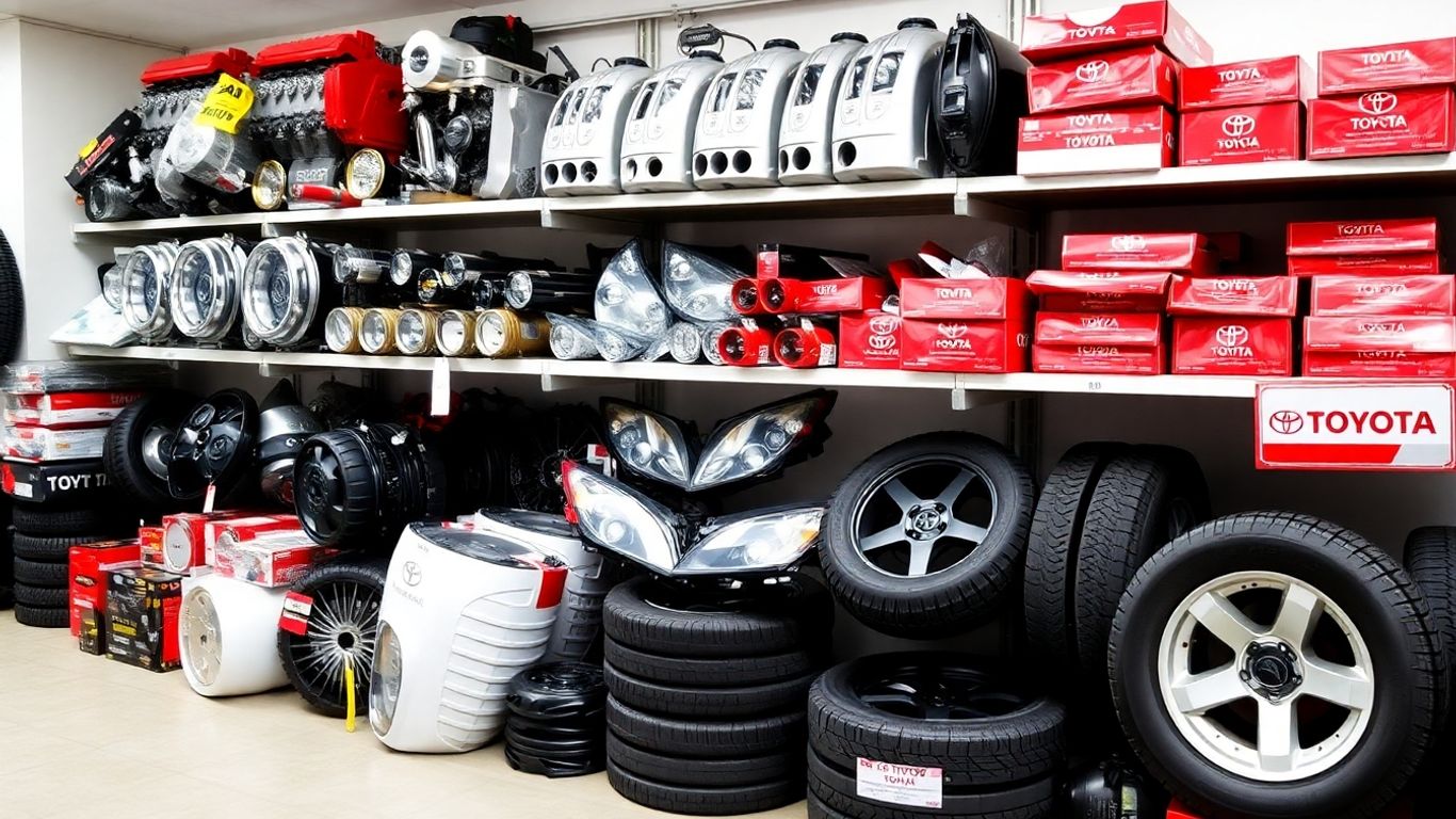 Assortment of Toyota car parts including engines and tires.