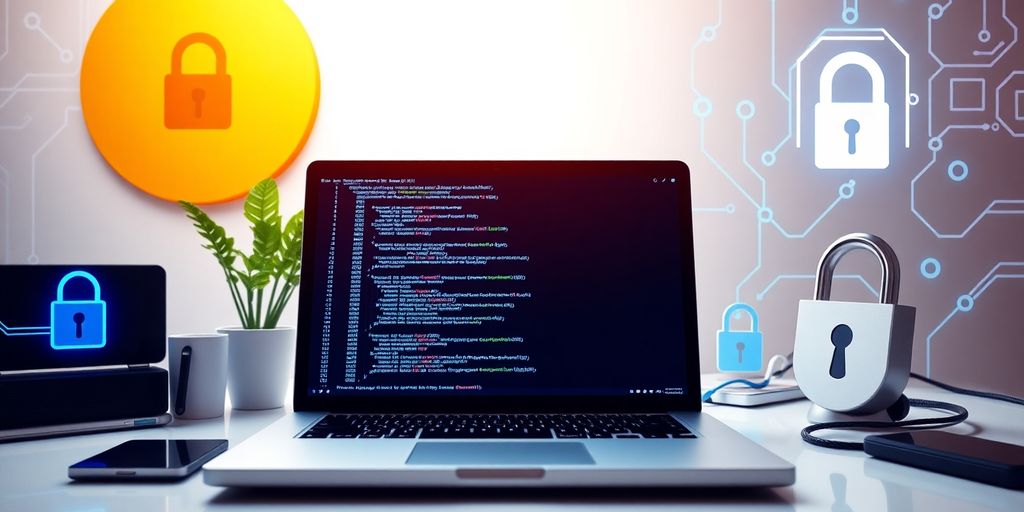 Mastering Blockchain in Python: A Comprehensive Guide to Building Secure Applications 4 A workspace with a laptop coding in Python.