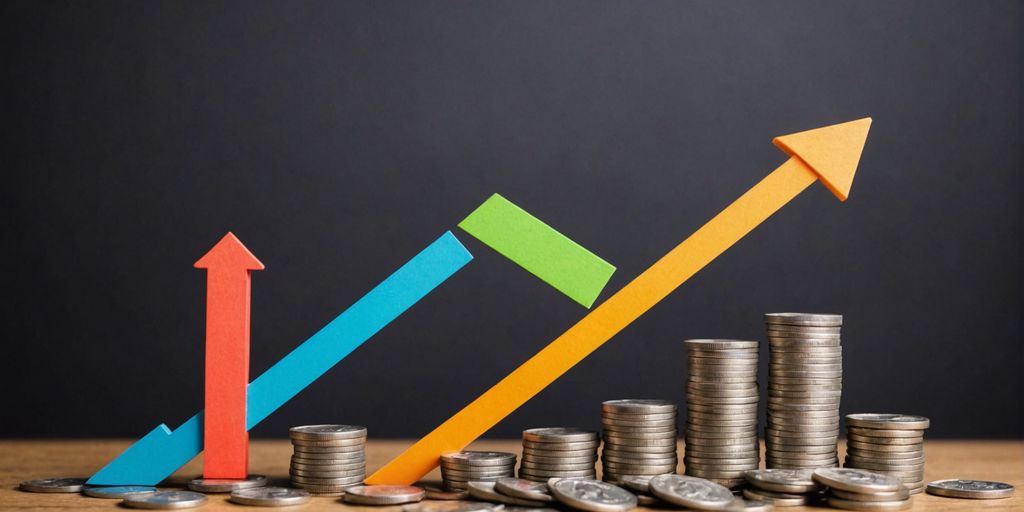 Graph with arrow, coins, and dollar bills