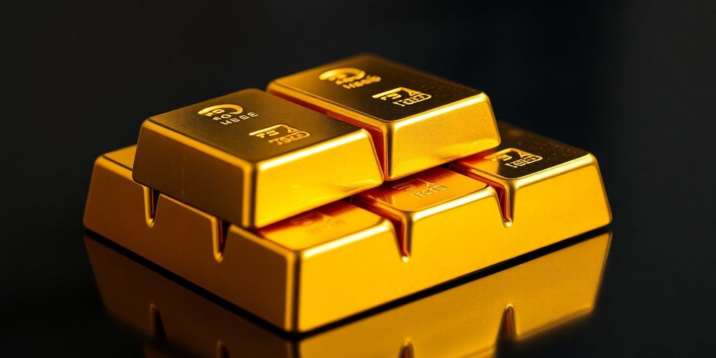 Lingots d'or brillants empilés sur une surface sombre.