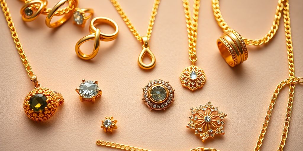 Bijoux en or variés sur fond en velours.