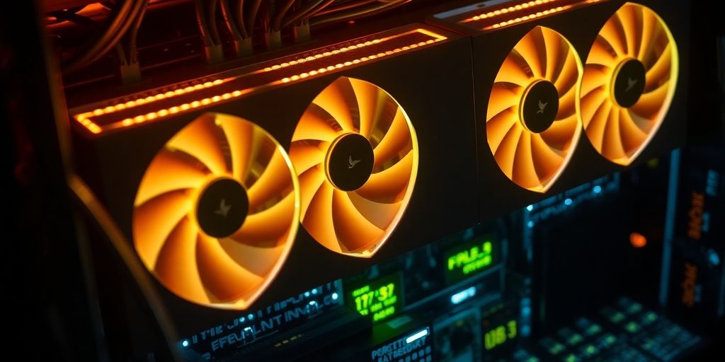 Close-up of a cryptocurrency mining rig with glowing components.