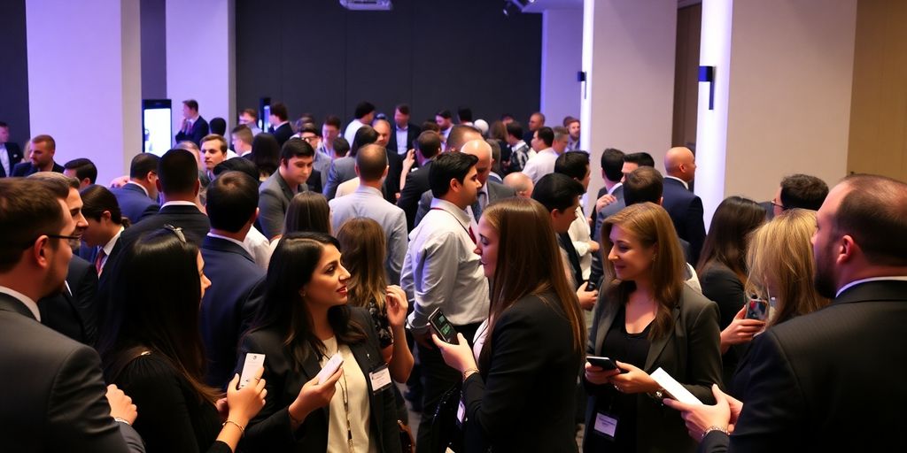 Professionals networking at a lively business event.