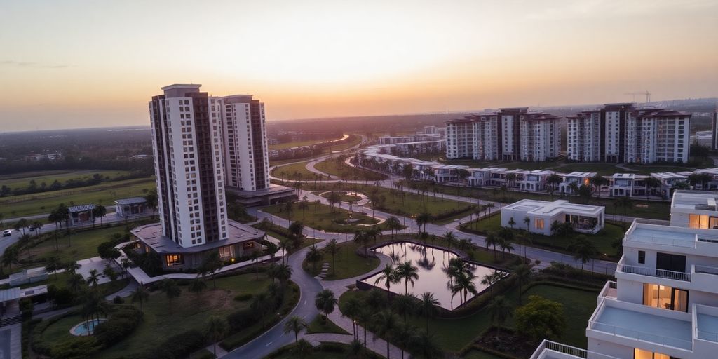 Aerial shot of modern residential towers amid landscaped green spaces